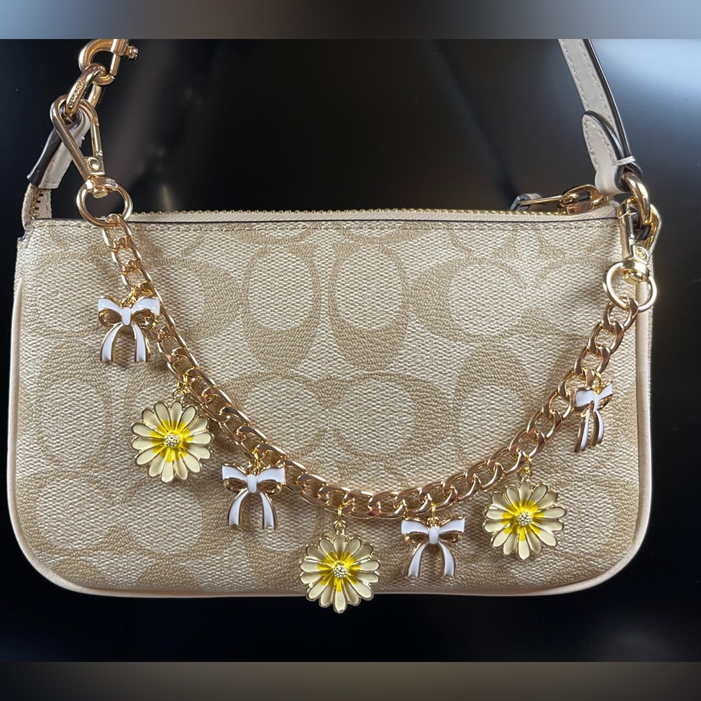Bag Charm Chain in Gold Tone with Yellow Flowers and White Bow Ties